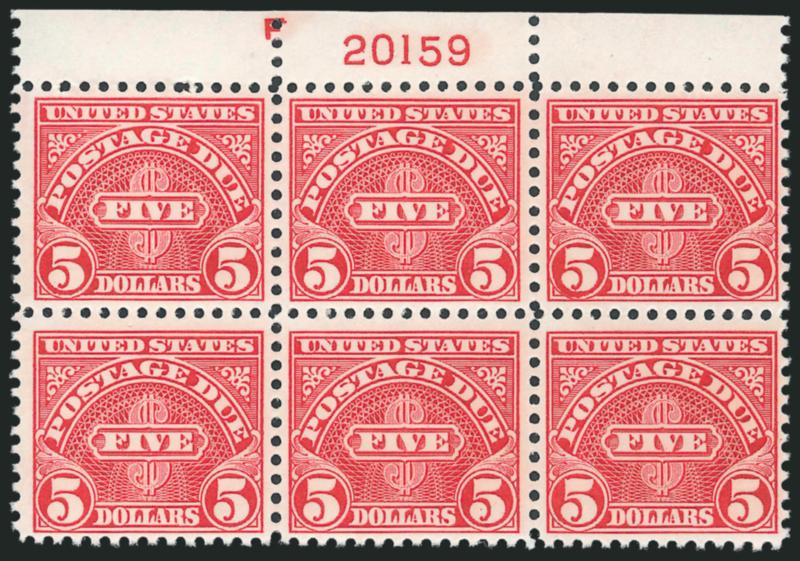 $5.00 Carmine, Dry Printing (J78).> Mint N.H. top plate no. F20158 and F20159 blocks of six, vivid color, fresh and Fine-Very Fine
