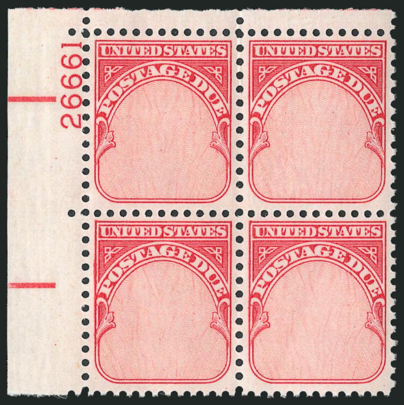 1c Carmine Rose, Denomination Omitted (J89a).> Mint N.H. top left plate no. 26661 block of four, fresh, well-centered, Extremely Fine, listed but unpriced as a plate block, Scott Retail as four Mint N.H.
singles