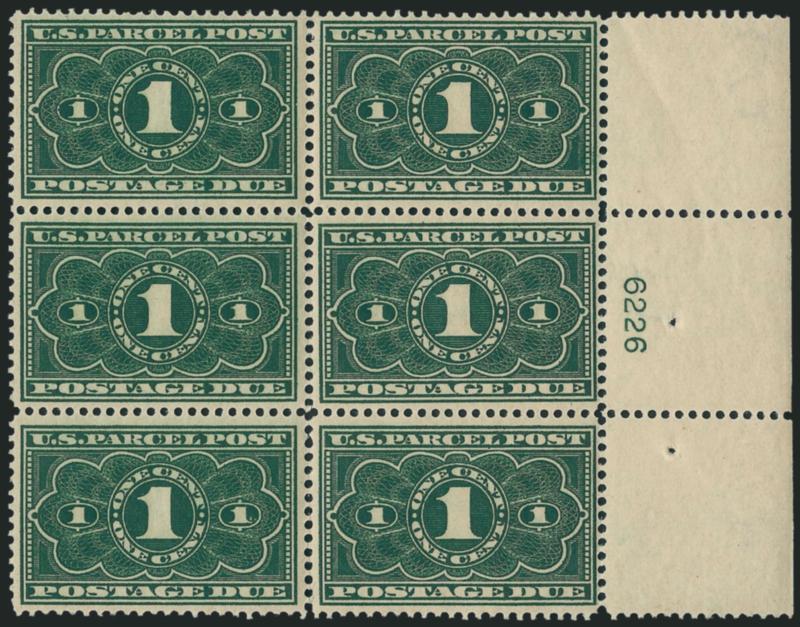 1c, 5c Dark Green, Parcel Post Postage Due (JQ1, JQ3).> Mint N.H. plate no. blocks of six, fresh and Fine-Very Fine