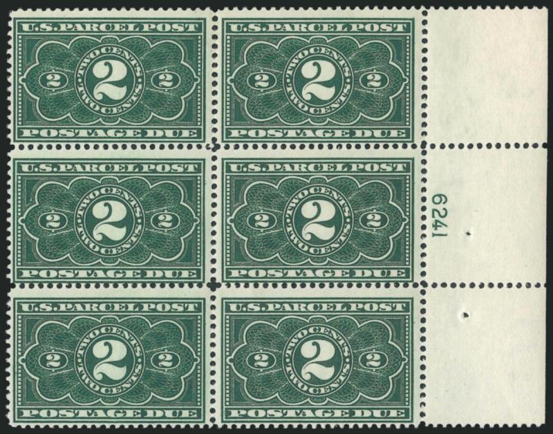 2c Dark Green, Parcel Post Postage Due (JQ2).> Mint N.H. right plate no. 6241 block of six, faint pinkish offset on back of selvage and pos. 6, Fine, a very scarce plate block, with 2002 P.S.E. certificate
that does not mention the offset
