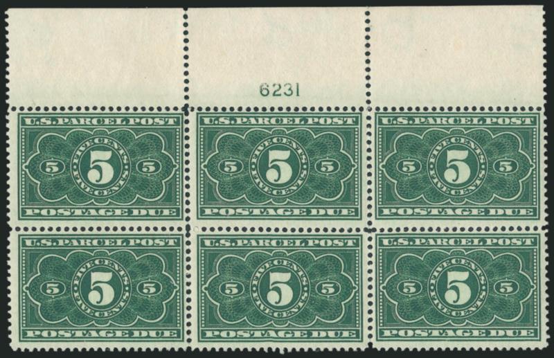 5c Dark Green, Parcel Post Postage Due (JQ3).> Mint N.H. top plate no. 6231 block of six, rich color, Fine, for some reason the Parcel Post Postage Due plate blocks are almost impossible to find
centered