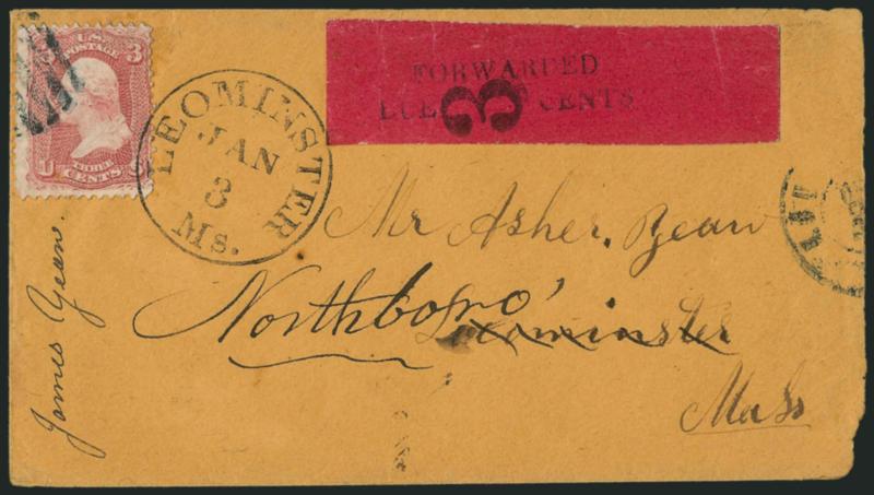 Leominster, Mass. Provisional Postage Due Label.> Maroon-colored label with Forwarded Due 3 Cents handstamp, 3c Rose (65) and label tied by Leominster Ms. Jan. 3 circular datestamp on forwarded cover to
Northboro, stamp originally tied by blue gr