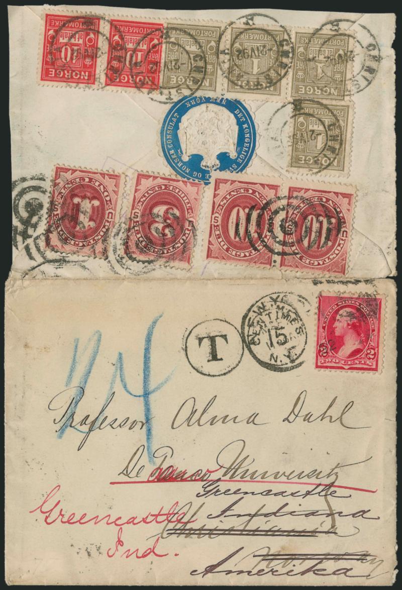1c, 3c, 10c Bright Claret (J22, J24, J26).> Singles of 1c and 3c (1c pre-use fault) and horizontal pair of 10c tied by targets on 1892 cover to <Norway> underfranked with 2c Carmine (220), tied by New York
N.Y. oval grid duplex, postage due collected