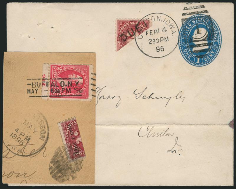 Bureau Issue Provisional Postage Due Bisects.> Two items, first is vertical bisect of No. J39 with press-printed Due I Cent surcharge (1 is Roman numeral), on piece tied by odd cut cork, Jefferson Iowa May 18,
1896 circular datestamp to the left,