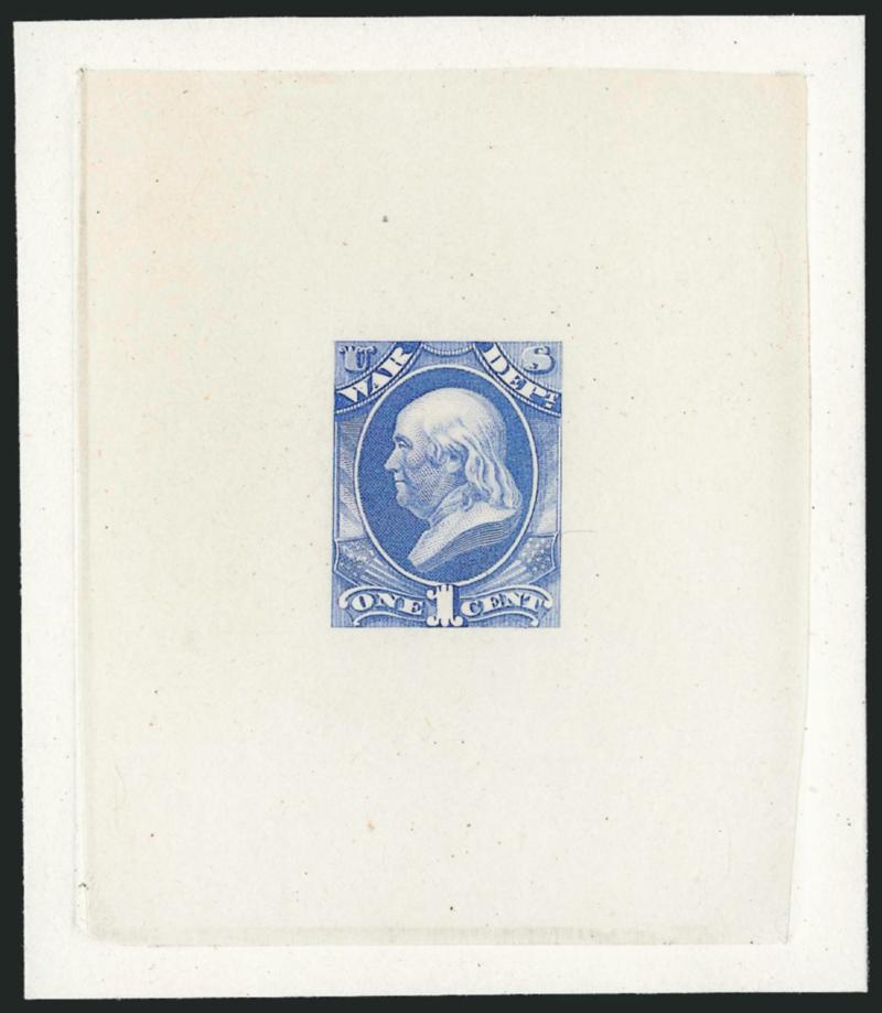 1c-3c War, Large Die Trial Color Proofs (O83TC1-O85TC1).> Die sunk on cards approximately 85 x 95mm each, 1c Bright Ultramarine, 2c Deep Brown and 3c Deep Green, for a time, Post Office Officials considered
printing the Departmentals in the same colo