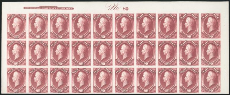 1c-90c War, Plate Proofs on Card (O83P4-O93P4).> Horizontal blocks of 30, all with top imprint and plate nos. except 2c and 3c which are not known with plate nos., incredibly fresh and bright, Extremely Fine,
a marvelous set, ex Earl of Crawford