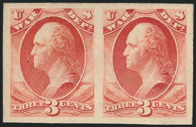 3c War, Soft Paper, Imperforate Horizontal Pair (O116a).> Original gum, lightly hinged, huge balanced margins, fresh and crisp, vivid color<><>^EXTREMELY FINE GEM. POSSIBLY THE FINEST KNOWN EXAMPLE OF THIS
RARE ERROR PAIR.^<><>Examples of the 3c