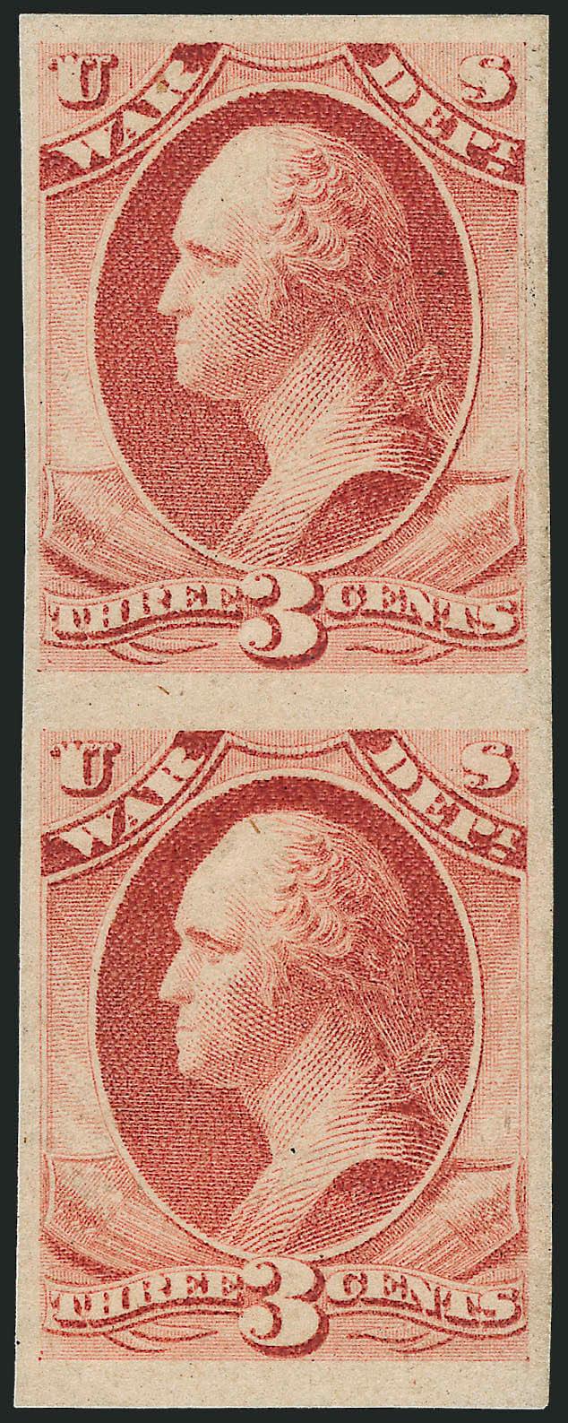 3c War, Soft Paper, Imperforate Vertical Pair (O116a).> Original gum, lightly hinged, ample to huge margins, fresh color<><>^VERY FINE AND CHOICE. RARE DEPARTMENTAL ISSUE ERROR PAIR MISSING FROM VIRTUALLY ALL
ADVANCED COLLECTIONS.^<><>With 1995 P