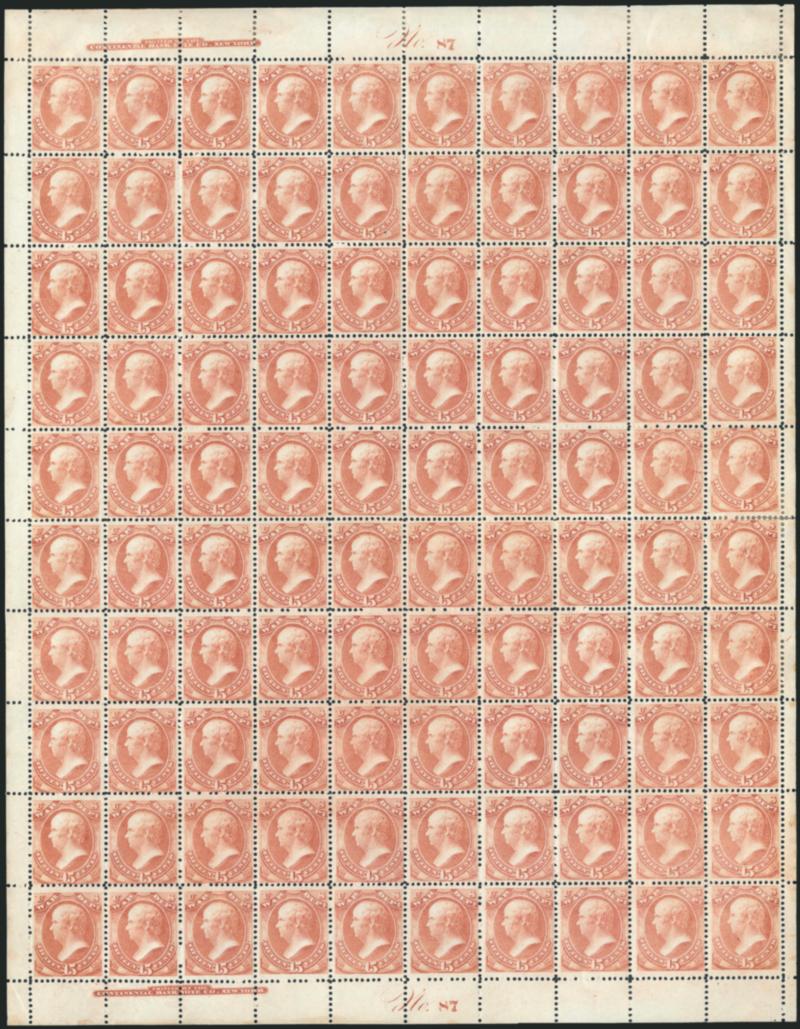 15c War (O90).> Complete sheet of 100 with top and bottom imprint and plate no. 87 blocks of twelve, wonderfully fresh and bright, original gum, vast majority Mint N.H., some h.r. around edges, mostly in
selvage, few minor separations<><>^FINE-VERY