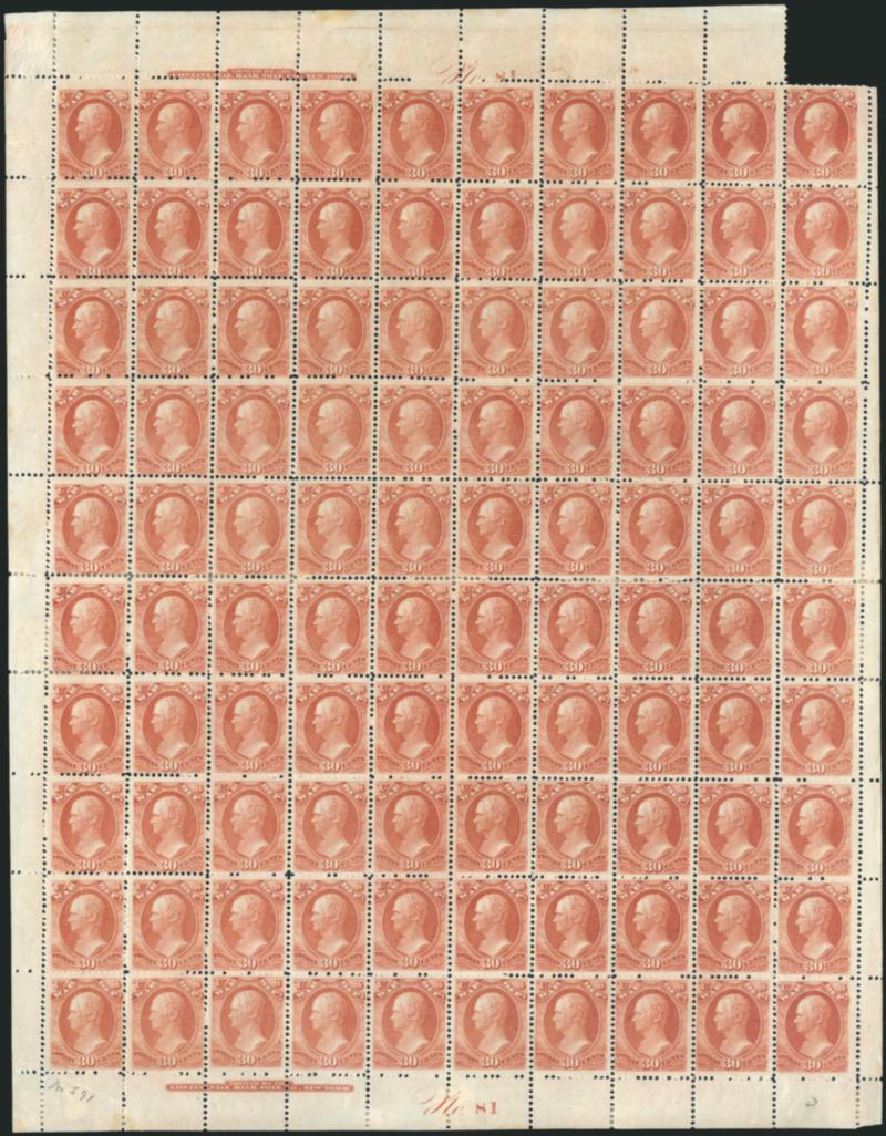 30c War (O92).> Complete sheet of 100 with top and bottom imprint and plate no. 81 blocks of twelve, original gum, vast majority Mint N.H., missing the top right selvage piece above pos. 10, neatly hinge
rejoined between fifth and sixth horizontal ro