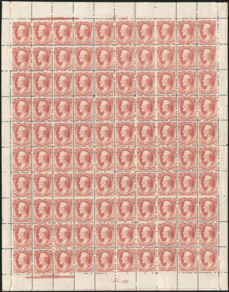 1c-6c War, Soft Paper (O114-O117).> Complete sheets or panes of 100 with top and bottom imprint and plate no. blocks of twelve, original gum, vast majority Mint N.H., one 1c faulty and sheet rejoined between
fifth and sixth horizontal rows, other val