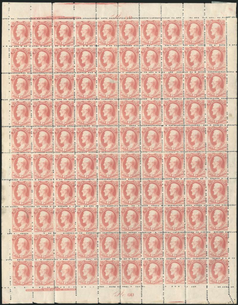 6c War, Soft Paper (O117).> Complete sheet of 100 with top and bottom imprint and plate no. 60 blocks of twelve, original gum, vast majority Mint N.H., some hinge reinforcement, Fine-Very Fine