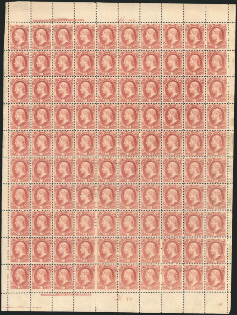 10c War, Soft Paper (O118).> Complete sheet of 100 with top and bottom imprint and plate no. 79 blocks of ten, original gum, some hinge reinforcement, especially between fifth and sixth horizontal rows, some
light gum staining also, otherwise Fine-Ve