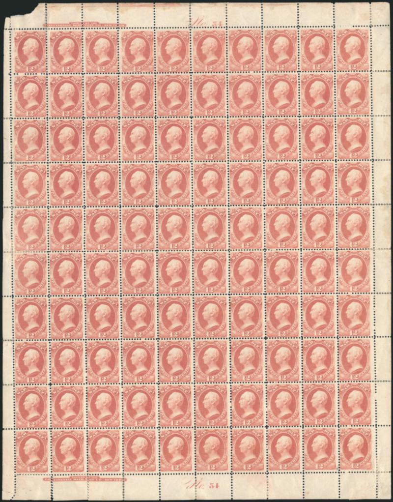 12c War, Soft Paper (O119).> Complete sheet of 100 with top and bottom imprint and plate no. 54 blocks of twelve, original gum, first, third and eighth rows creased, couple other minor faults, perfs a bit weak
with some small hinge reinforcements, sm