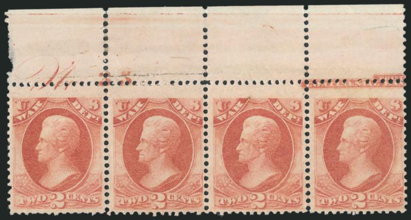 2c War (O84).> Top part imprint and plate no. 35 strip of four, disturbed original gum, selvage crease, Fine-Very Fine