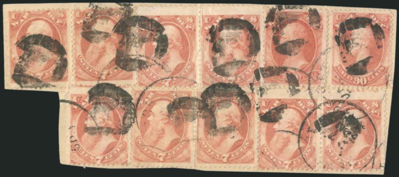 7c, 30c-90c War (O87, O92-O93).> Single and four horizontal pairs of the 7c (one pair with trace of captured plate no.), singles of last two, on piece of wrapper tied by odd cork and indecipherable Fort
cancellation, Fine, very rare piece showing an