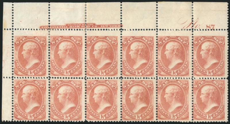 15c War (O90).> Top left corner imprint and plate no. 87 block of twelve, original gum, couple h.r. and small reinforcement, Very Good-Fine