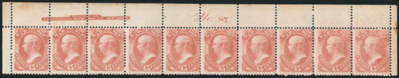 15c War (O90).> Top imprint and plate no. 87 strip of ten with selvage at both sides, original gum, eight stamps Mint N.H., other pair hinge reinforcement, Very Good-Fine