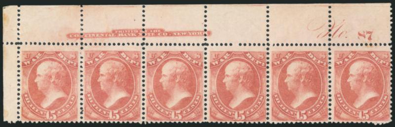 15c War (O90).> Top left corner imprint and plate no. 87 strip of six, nice color, stamps Mint N.H., Fine-Very Fine