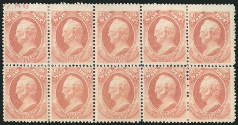24c War (O91).> Horizontal block of ten with captured plate no. 86 at top, original gum, fresh and Fine-Very Fine