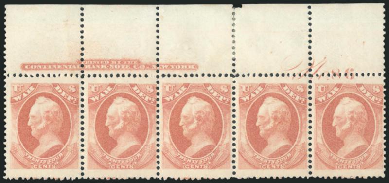 24c War (O91).> Top imprint and plate no. 86 strip of five, hinged in selvage, stamps Mint N.H., all are striking tall stamps, Fine-Very Fine, fresh and handsome multiple