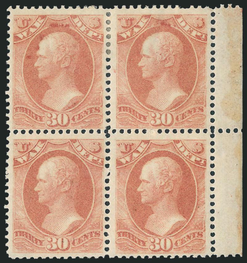 24c, 30c War (O91-O92).> Blocks of four, 30c with right selvage, original gum, bottom pairs appear Mint N.H., one 30c short perf, otherwise Fine-Very Fine, Scott Retail as hinged blocks of four