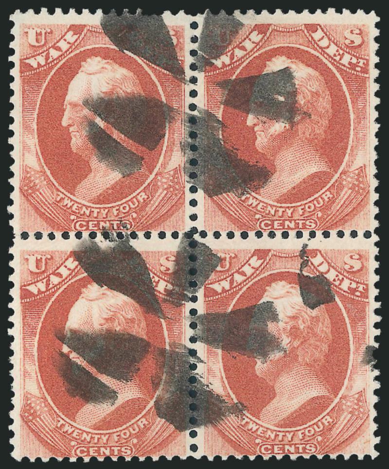 24c War (O91).> Used block of four, beautiful strong color, bold circle of wedges cancels, Fine and handsome, <this is the only recorded used block of this denomination,> with 1993 P.F. certificate, ex
Mainberger