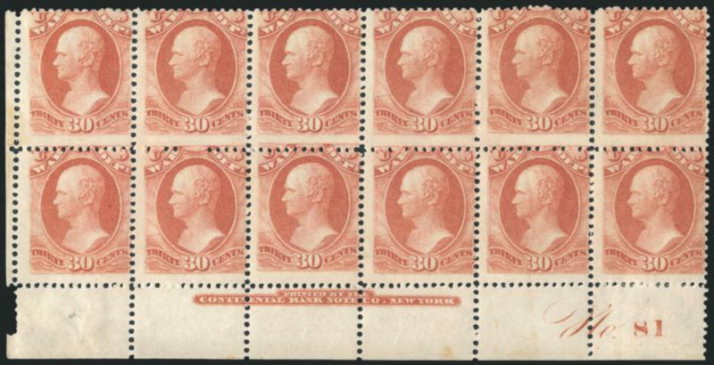 30c War (O92).> Bottom imprint and plate no. 81 block of twelve, original gum, three Mint N.H., few h.r., rich color, Very Good