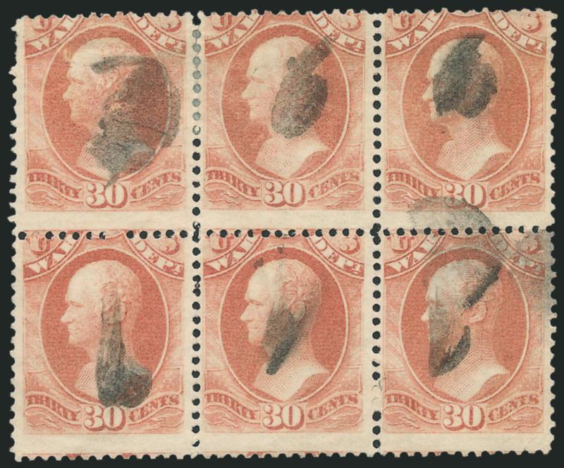 30c War (O92).> Used horizontal block of six, cork cancels, small hinge reinforcement between pos. 1 and 2, pos. 1 slight creases, perfs in at top, Very Good appearance, a <block of six is believed to be the
largest known used multiple,> ex Ward, Mai