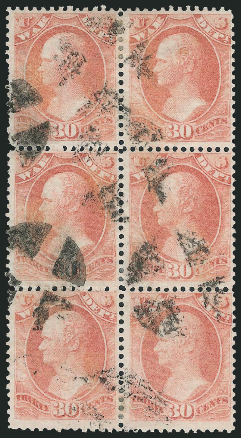 30c War (O92).> Used <vertical block of six,> quartered cork cancels, bright color, pos. 1 few trivial perf flaws, otherwise Fine-Very Fine, a <block of six is believed to be the largest known used
multiple>