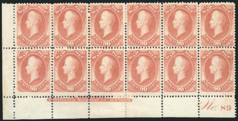 90c War (O93).> Bottom left corner imprint and plate no. 89 block of twelve, original gum, four Mint N.H., nicely centered, neatly rejoined vertically between blocks of six, Very Fine, handsome piece, Scott
Retail as four hinged singles and two hinge