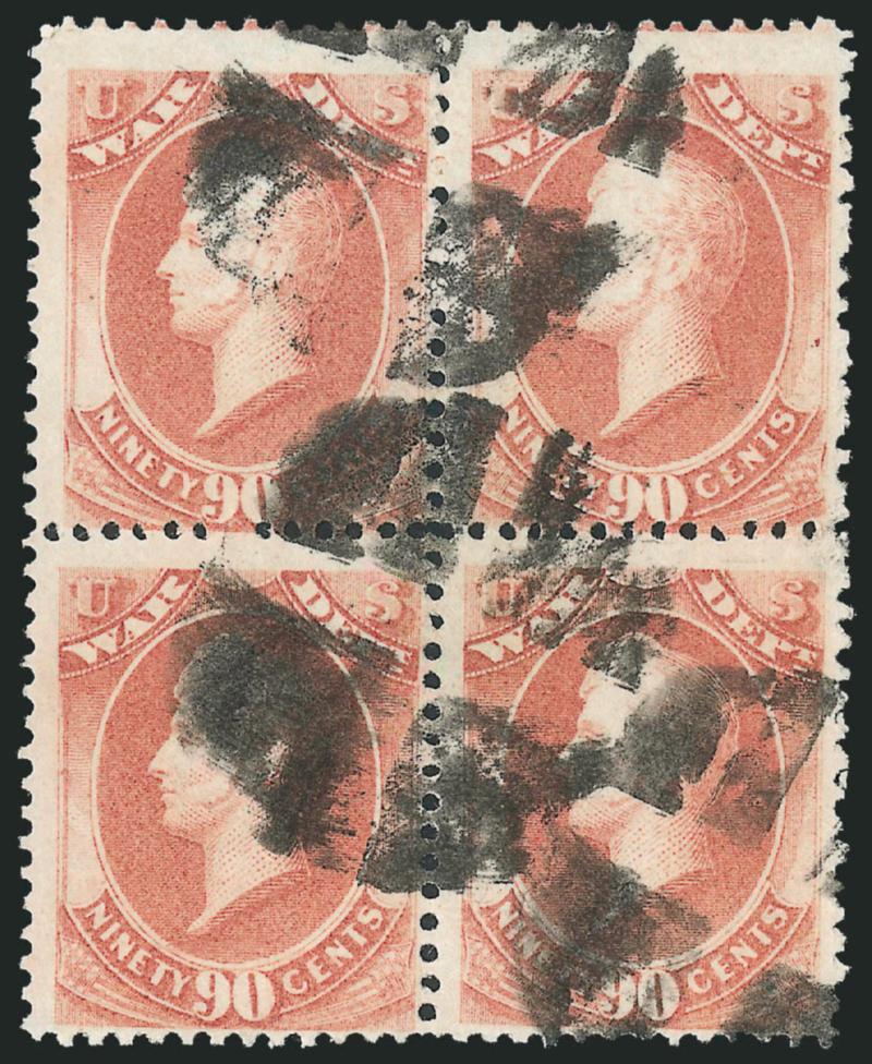 90c War (O93).> Used block of four, rich color, large quartered cork cancels, shows traces of captured imprint at top, Fine, <this is the only recorded used block of four of this denomination,> with 1993 P.F.
certificate