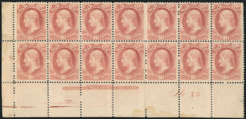 10c War, Soft Paper (O118).> Bottom left imprint and plate no. 79 block of 14, original gum, some reinforcement, minor thin in selvage below pos. 14 (not involving plate block of ten), otherwise Fine-Very
Fine