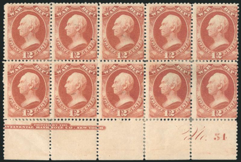 12c War, Soft Paper (O119).> Three items, first is bottom imprint and plate no. 54 block of ten, original gum, couple separations and selvage crease, second and third are top part imprint and plate no. 54
block of eight and top imprint and plate no.