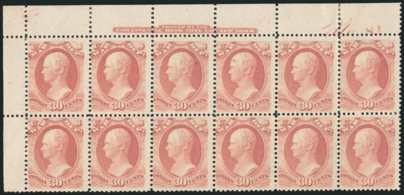 30c War, Soft Paper (O120).> Top left imprint and plate no. 81 block of twelve, original gum, small gold colored adherence on back of pos. 5, still a Fine and very scarce War Department plate block