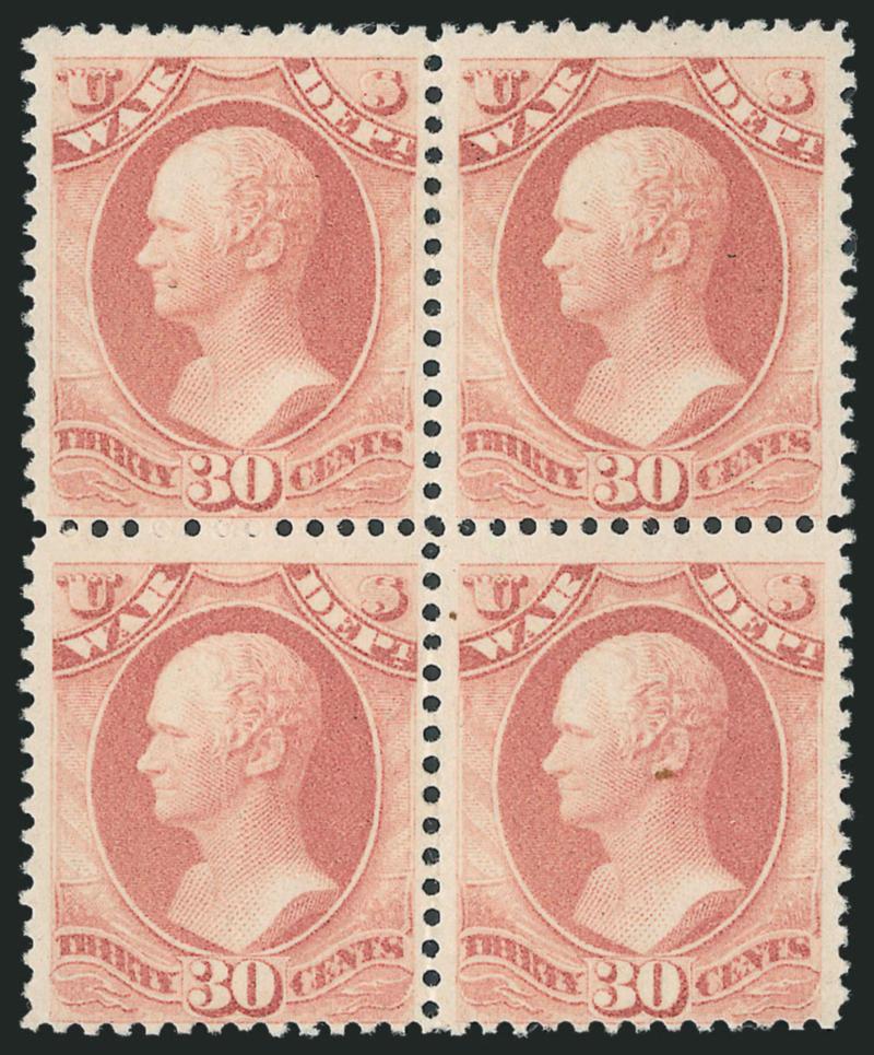 30c War, Soft Paper (O120).> Block of four, original gum, also incl. original gum single of No. O91 with captured plate no. 86 in top margin, Fine