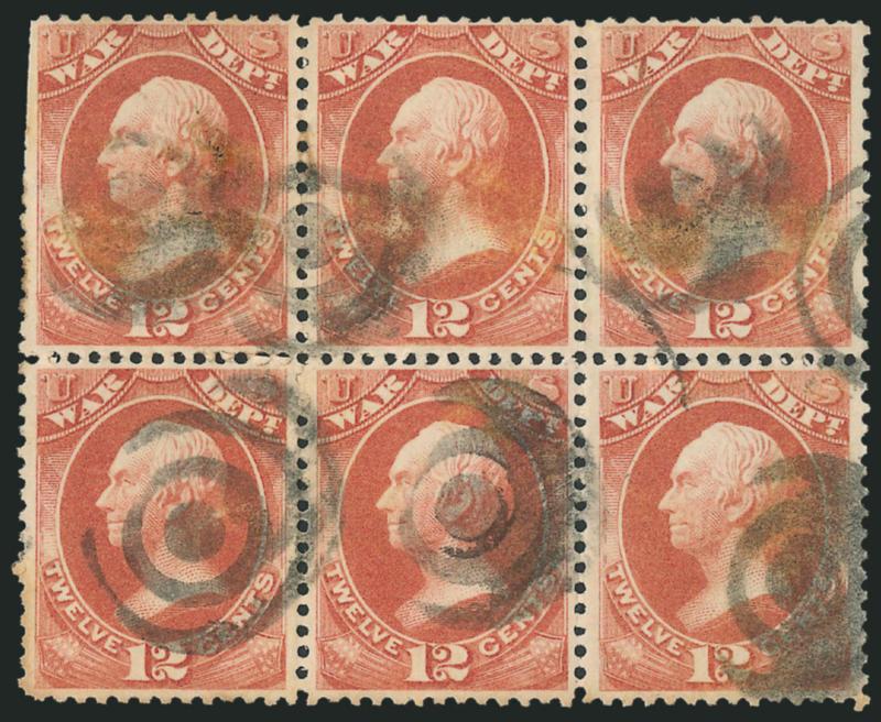 War Department Used Blocks.> Six items, incl. two of 2c No. O84, one with large H cancels (right perfs trimmed), other with part bottom imprint selvage, bright color and neat Boston circular datestamp, No. O86
with grid of diamonds cancel, No. O8