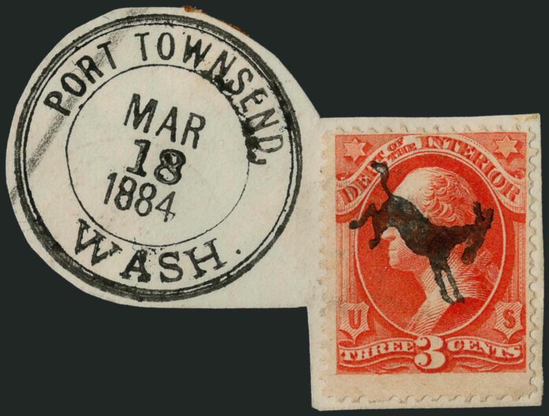 Kicking Mule Fancy Cancels on Interior Dept. Officials.> Six singles and four on piece hinged to exhibit page, incl. single <15c and 30c> values, examples on piece with Port Townsend Wash. circular datestamps,
clear to bold strikes, stamp centering r