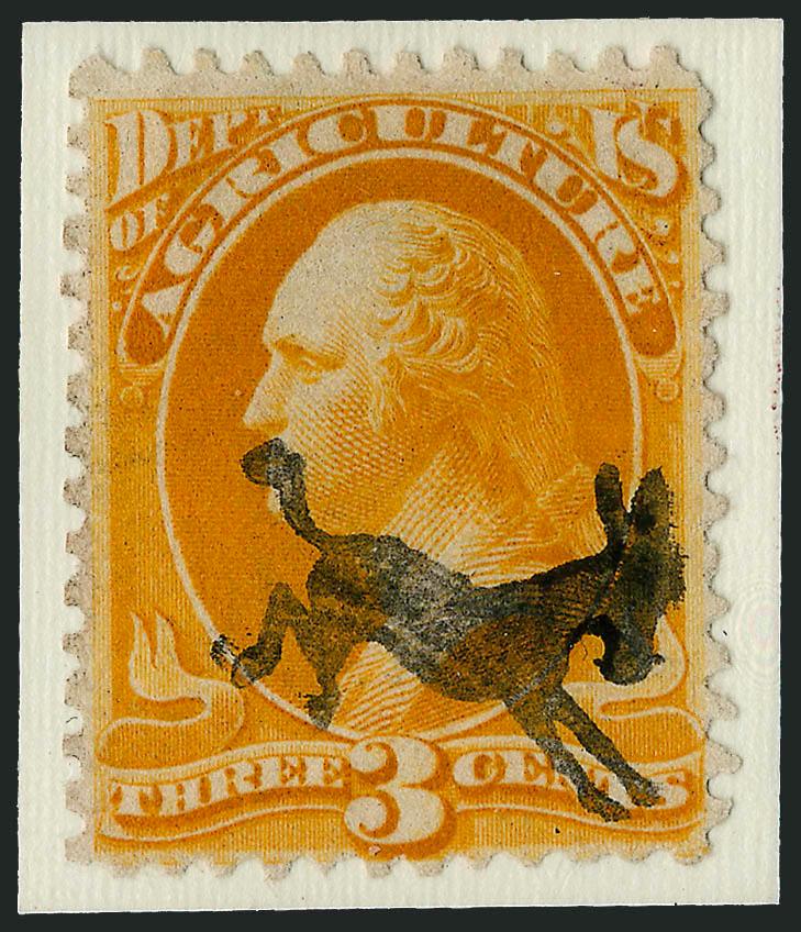 Kicking Mule Fancy Cancels on Agriculture Dept. Officials.> Four singles hinged to an exhibit page, two of 3c value and two of 6c, clear to bold strikes and Fine-Very Fine centering, a choice group and very
rare on Agriculture Dept. stamps, this grou