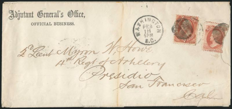 2c, 7c War (O84, O87).> 7c full margins, 2c defective with large piece missing, both tied by Washington D.C. Feb. 16 5 PM duplex cancel on large-size Adjutant Generals Office imprint cover to the Presidio in
San Francisco, cover tears with piece o
