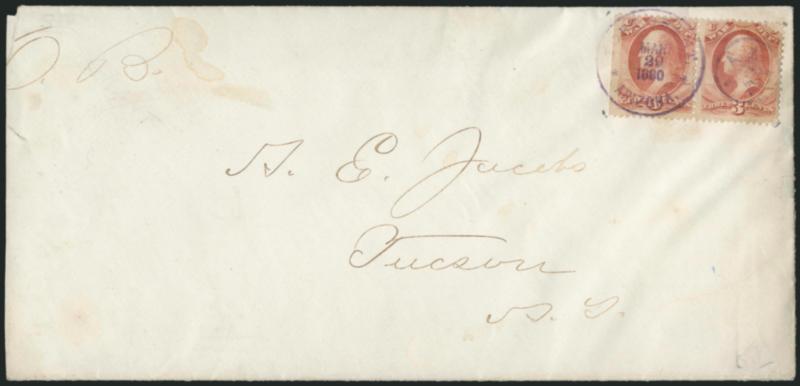 3c War (O85).> Horizontal pair, s.e. at left, scuffed corner at top right, tied by purplish-black <Fort Grant * Arizona * Mar. 29, 1880> duplex datestamp and Star in Circle cancel on legal-size cover to
Tucson, reduced at left, otherwise Fine, scar