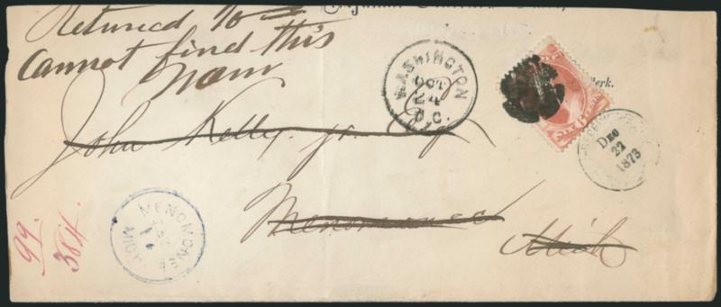 6c War (O86).> Tied by circular cork cancel with matching Washington D.C Oct. 24 circular datestamp on large-size War Dept. imprint cover to Menomonee Mich., ms <<Returned cannot find this name>>, blue
Menomonee Mich. Dec. 17 circular datestamp