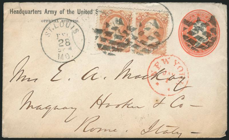 12c War (O89).> Horizontal pair, tied by cork circle of diamonds and St. Louis Mo. Dec. 28 (ca. 1875) circular datestamp on 3c War Dept. entire (UO34) addressed <to Rome, Italy, in the hand of General William
Tecumseh Sherman,> Headquarters Army o