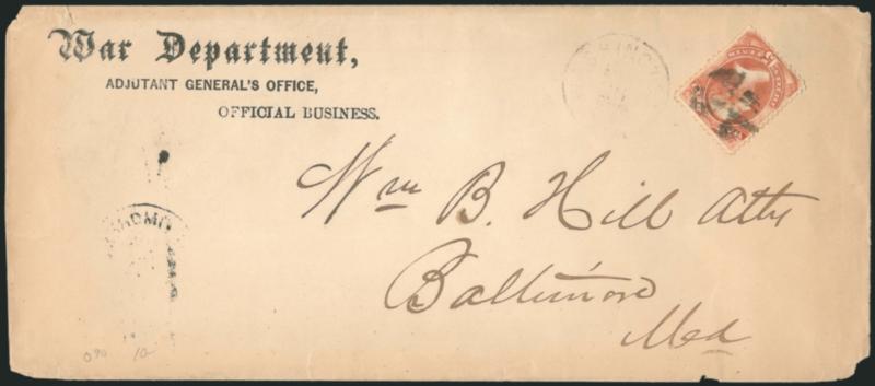 15c War (O90).> Clear margins, cancelled by Washington D.C. duplex (not tied) on War Department, Adjutant Generals Office legal-size imprint cover to Baltimore, receiving backstamp, few minor edge tears, Fine
appearing and scarce on-cover example