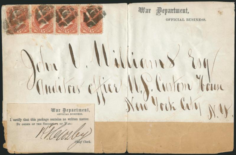 15c War (O90).> Two singles and pair, tied by by segmented cork cancel on War Department, Official Business package front to New York, label affixed to package and signed by the War Dept. chief clerk H.T.
Crosby certifying that the package containe
