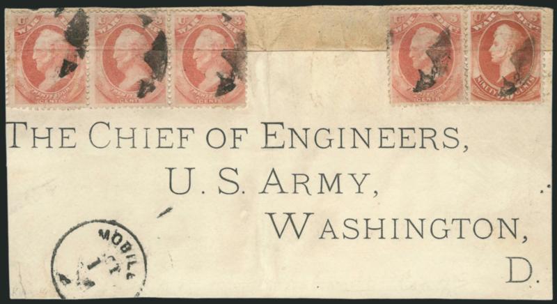 90c War (O93).> Used with <horizontal strip of three and single of 24c War Dept. (O91),> cancelled by quartered corks, Mobile Ala. Oct. 1? circular datestamp on printed label which was affixed to a large
package wrapper, printed address to Chief of