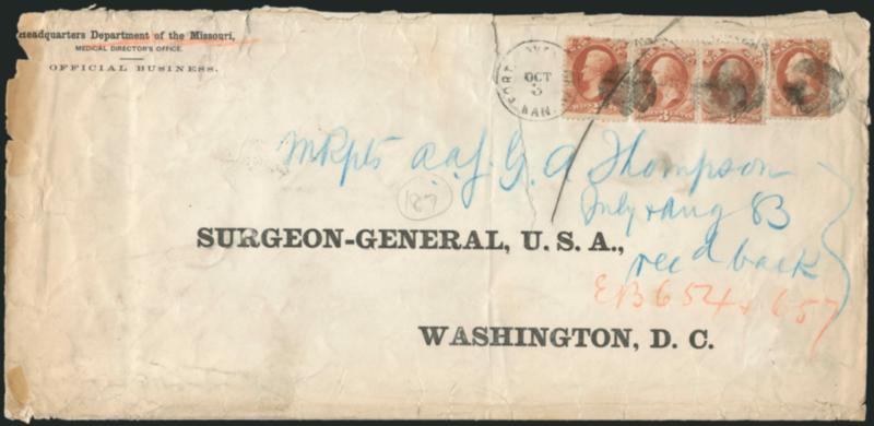 2c, 3c, 12c War, Soft Paper (O115, O116, O119).> Horizontal pair of 3c, singles of other two, tied by <Fort Leavenworth Kan. Oct. 3> duplex cancels and crayon stroke to large-size Headquarters Department of
the Missouri, Medical Directors Office