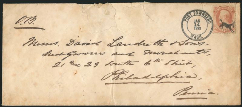 2c, 6c War, Soft Paper (O115, O117).> Two large-size covers, 2c with Medical Department Of The Army Official Business imprint, stamp tied by Ty. II (thinner letters and serifed Wash) Port Townsend, Wash. Oct.
4, 1883 <Kicking Mule> duplex cance