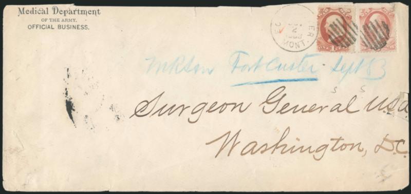Fort Custer Mont. Sep. 2, 1883.> Partly readable strike with large unframed grid cancels tying 1c, 3c War, Soft Paper (O114, O116) on large Medical Department Of The Army Official Business imprint cover to
Surgeon General, Washington D.C., 3c natur