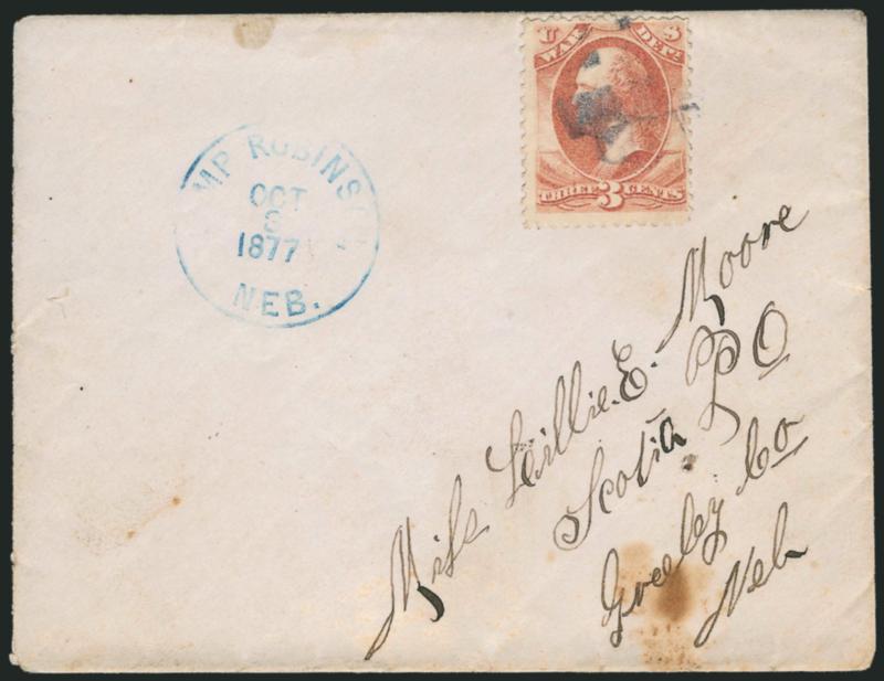 Camp Robinson Neb. Oct. 3 1877.> Blue circular datestamp, mostly complete strike, 3c War (O85) tied by cork cancel on small cover to a young lady in Scotia Neb., small toned spot at bottom of cover, otherwise
Very Fine, almost surely an unauthorized